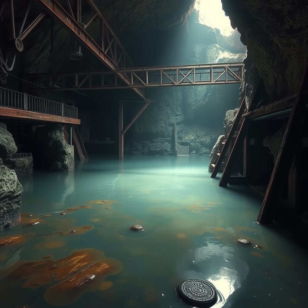 Submerged Industrial Ruin in Dreamlike Atmosphere