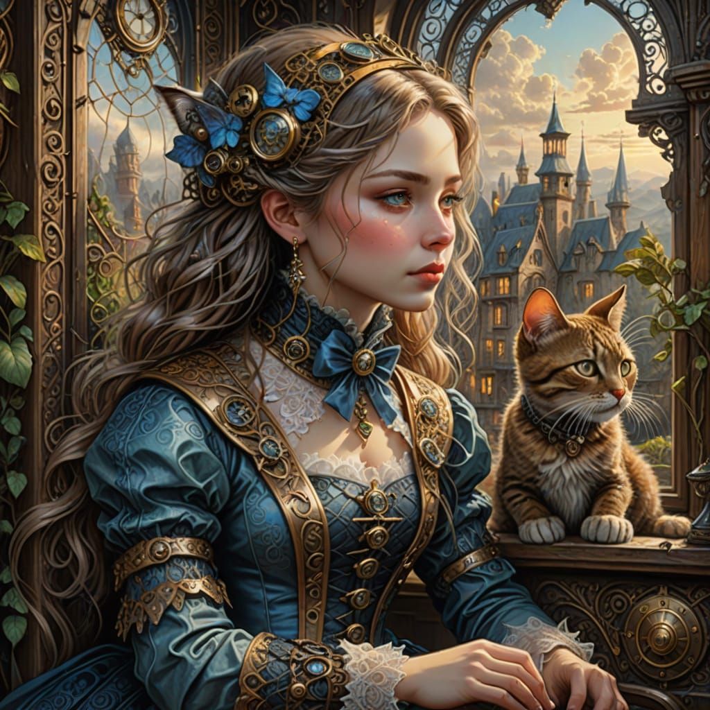 Steampunk Girl with Mechanical Cat and Victorian Soldiers