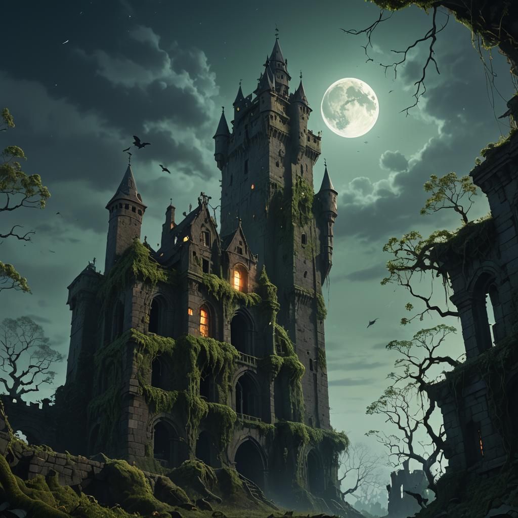 Ghost Ascending from Ruined Castle in Dark Fantasy Art