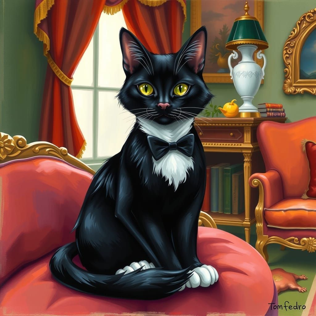 Whimsical Tuxedo Cat in Dreamlike Style