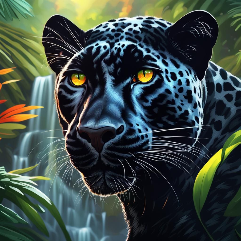Black Leopard Portrait in Jungle Waterfall Setting