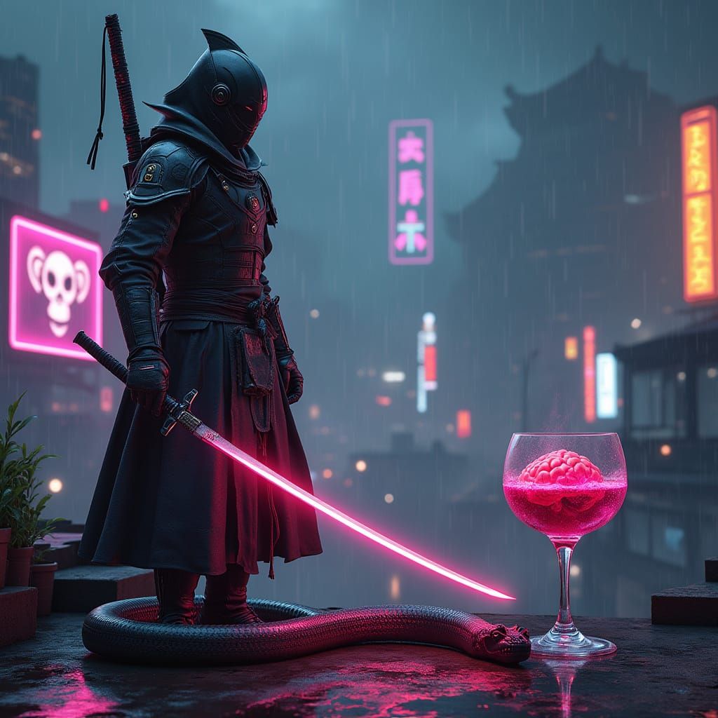 Cyberpunk Samurai on Neon Rooftop in Stormy City