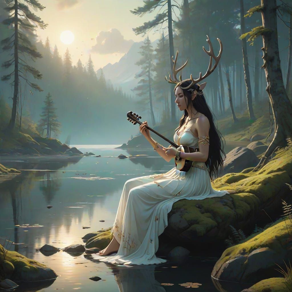 Mystical Lady Drumming by Lake, Fantasy Concept Art