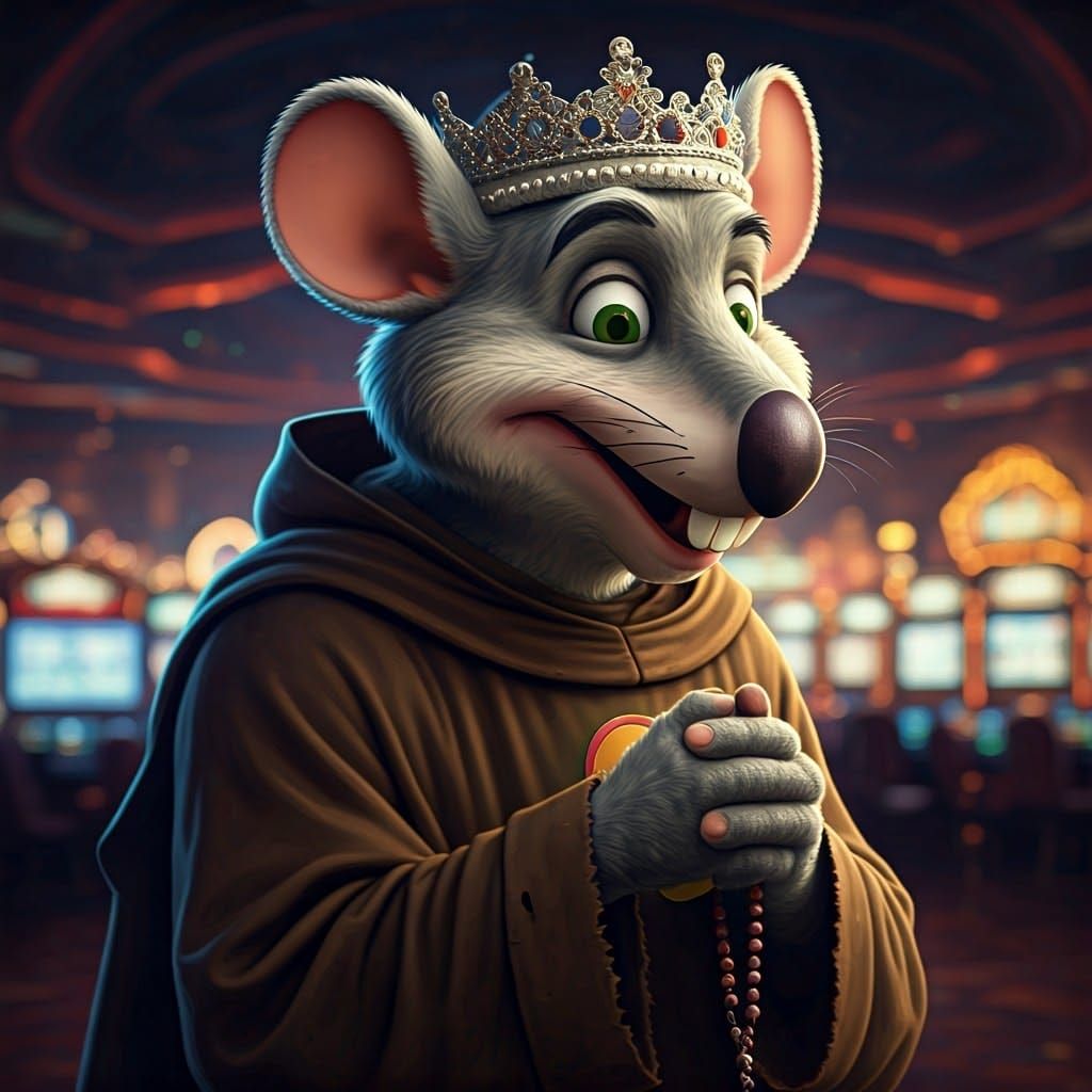 Chuck E. Cheese as Monk in Casino, Hyperrealistic Style