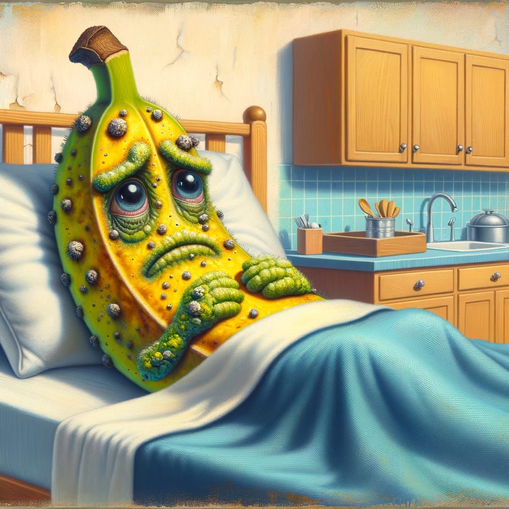 Diseased Banana in Bed: Cartoon Oil Painting