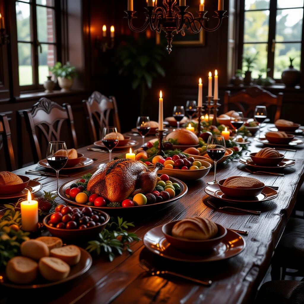 Banquet Table with Clay Food in Hyper-Realistic Style