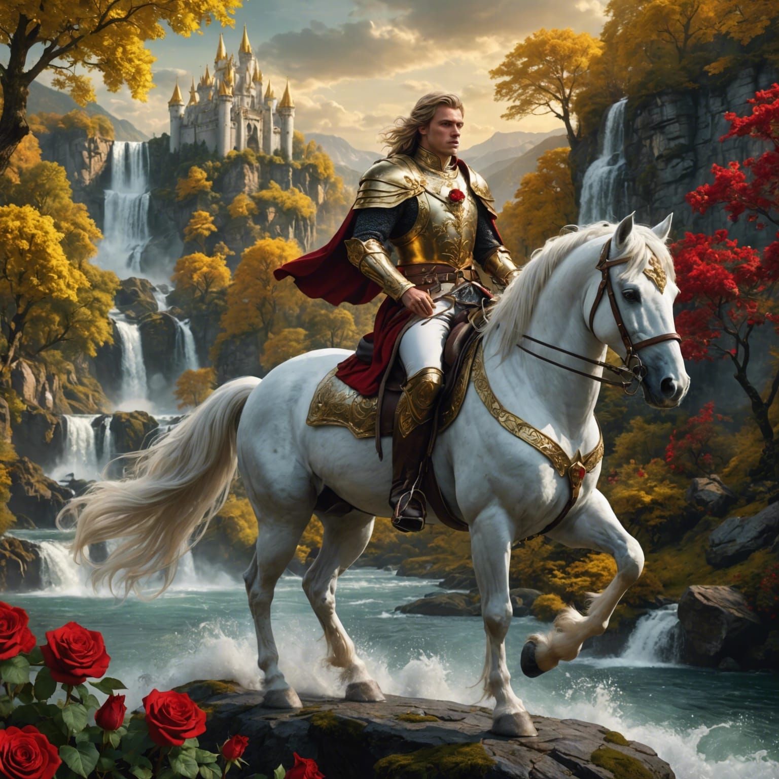 King on White Stallion with Golden Castle Backdrop