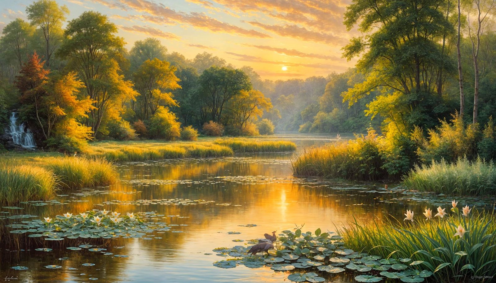 Tranquil Lily Pond at Twilight: Classical Landscape Painting