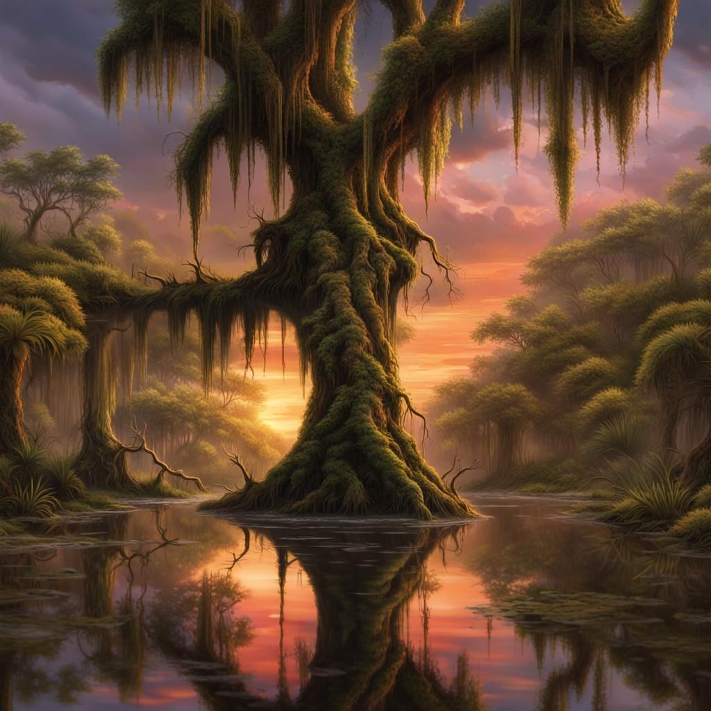 Louisiana Bayou Sunset: Hyperrealistic Matte Painting