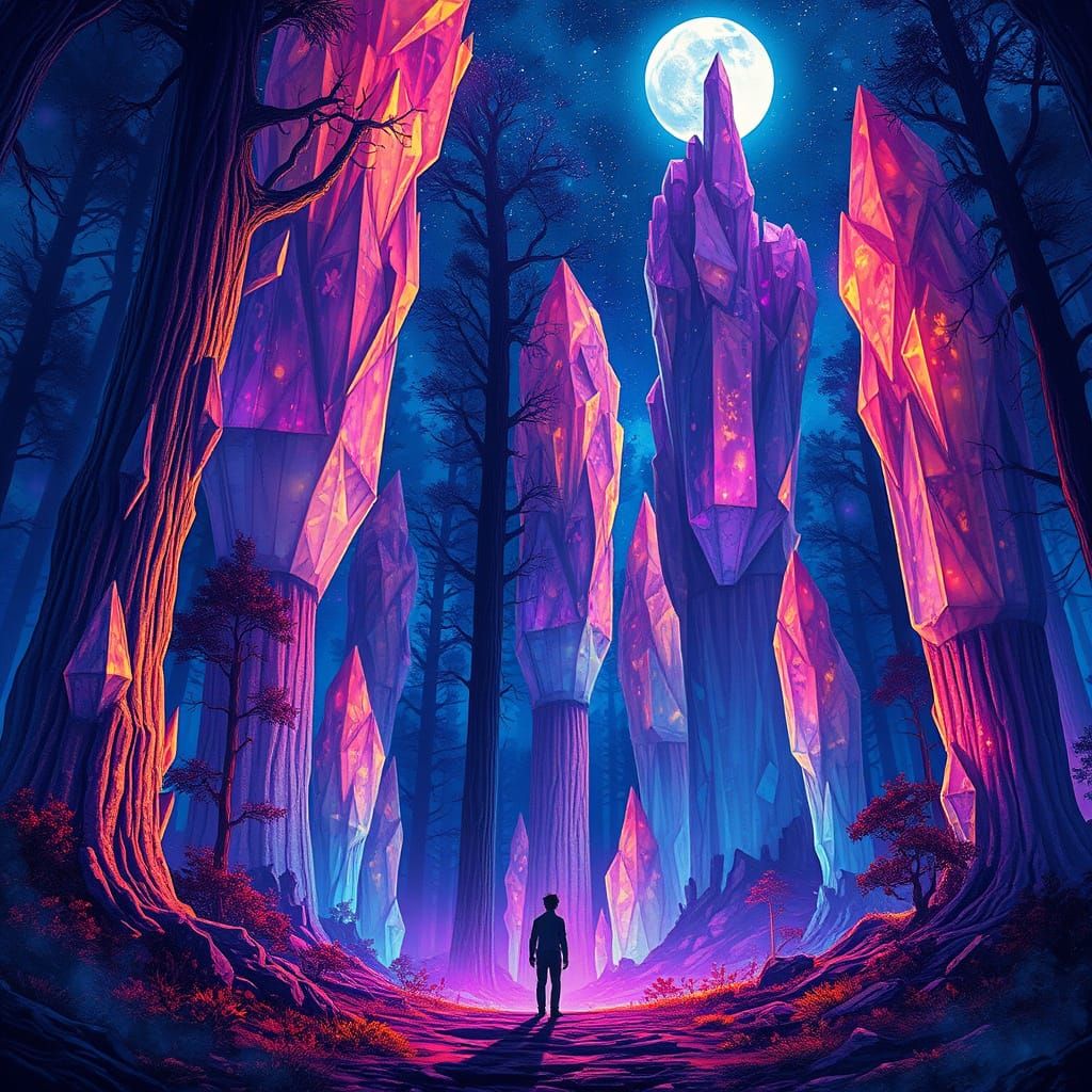 Radiant Crystal Forest with Traveler in Fantasy Style