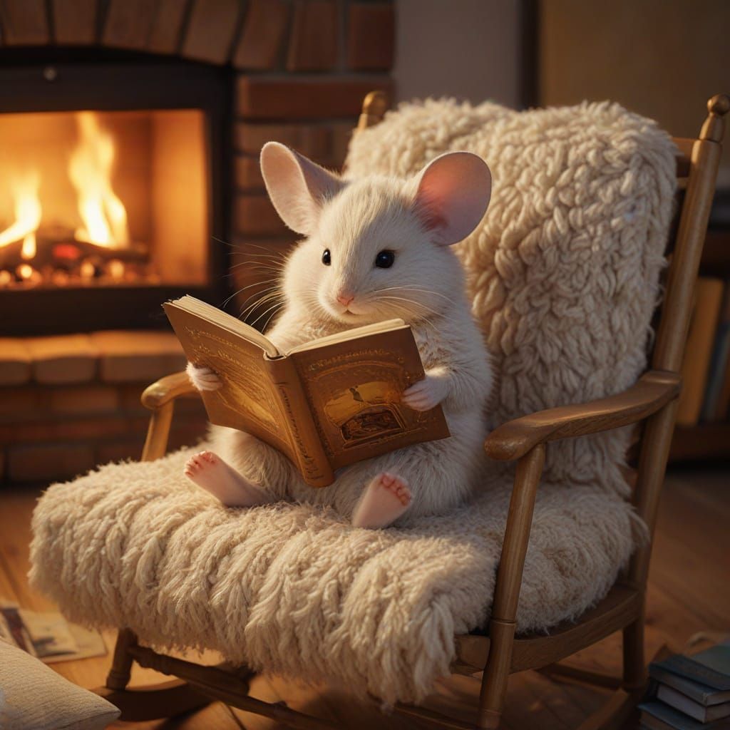 Mouse Reading on Cat in Cozy Room