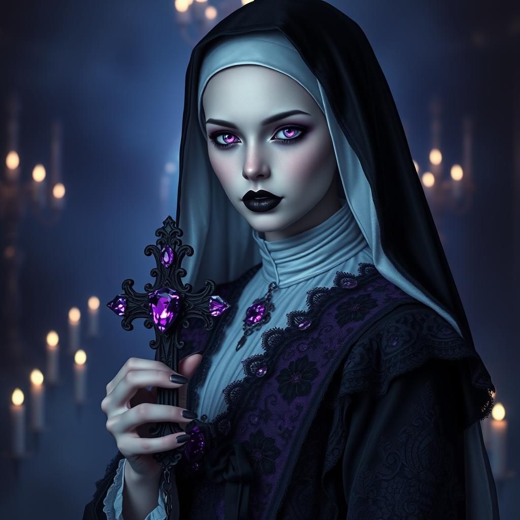 Mystical Nun with Violet Eyes in Dark Art Nouveau