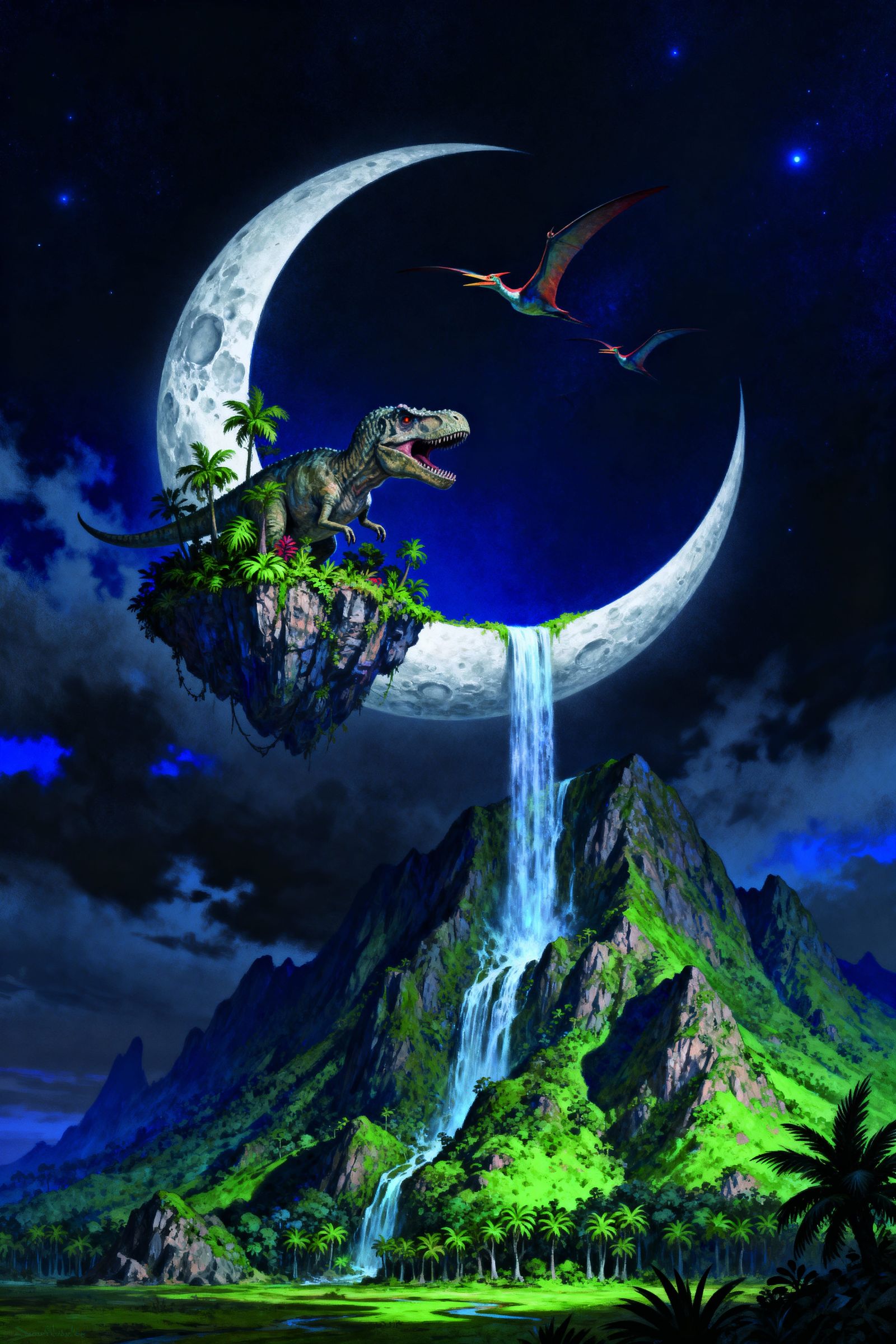 Crescent Moon with Jurassic Island & Pterodactyls