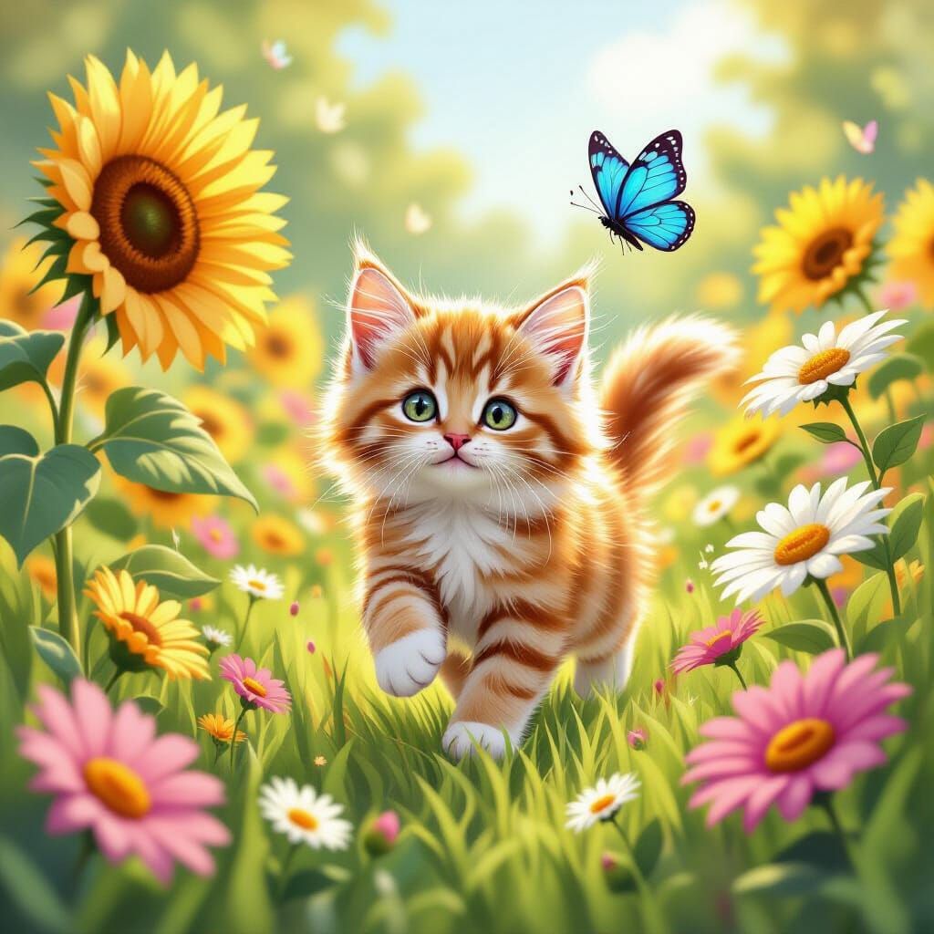 Ginger Kitten Chases Butterfly in Colorful Flower Field