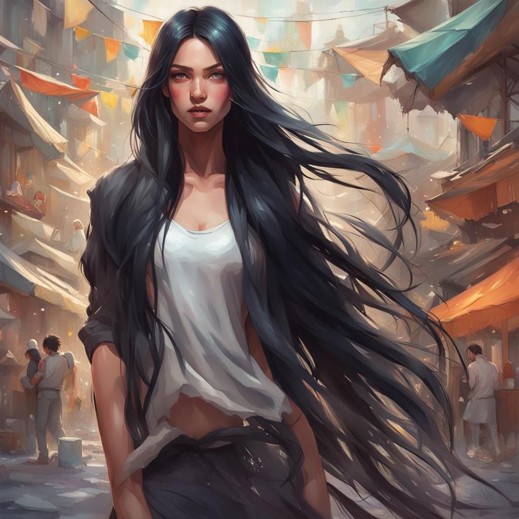 Portrait of a Pretty Girl with Long Black Hair