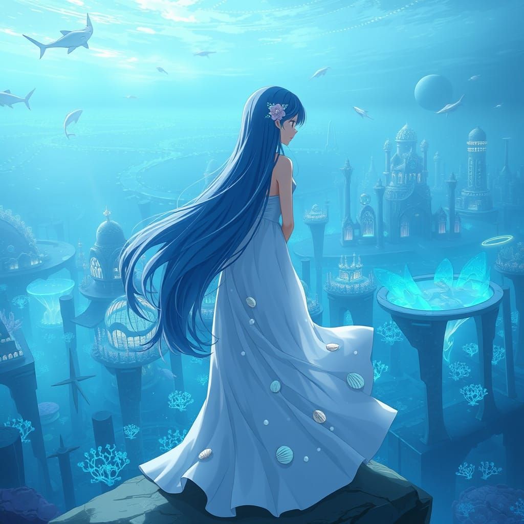 Anime Goddess with Bioluminescent Cityscape in Ethereal Ligh...