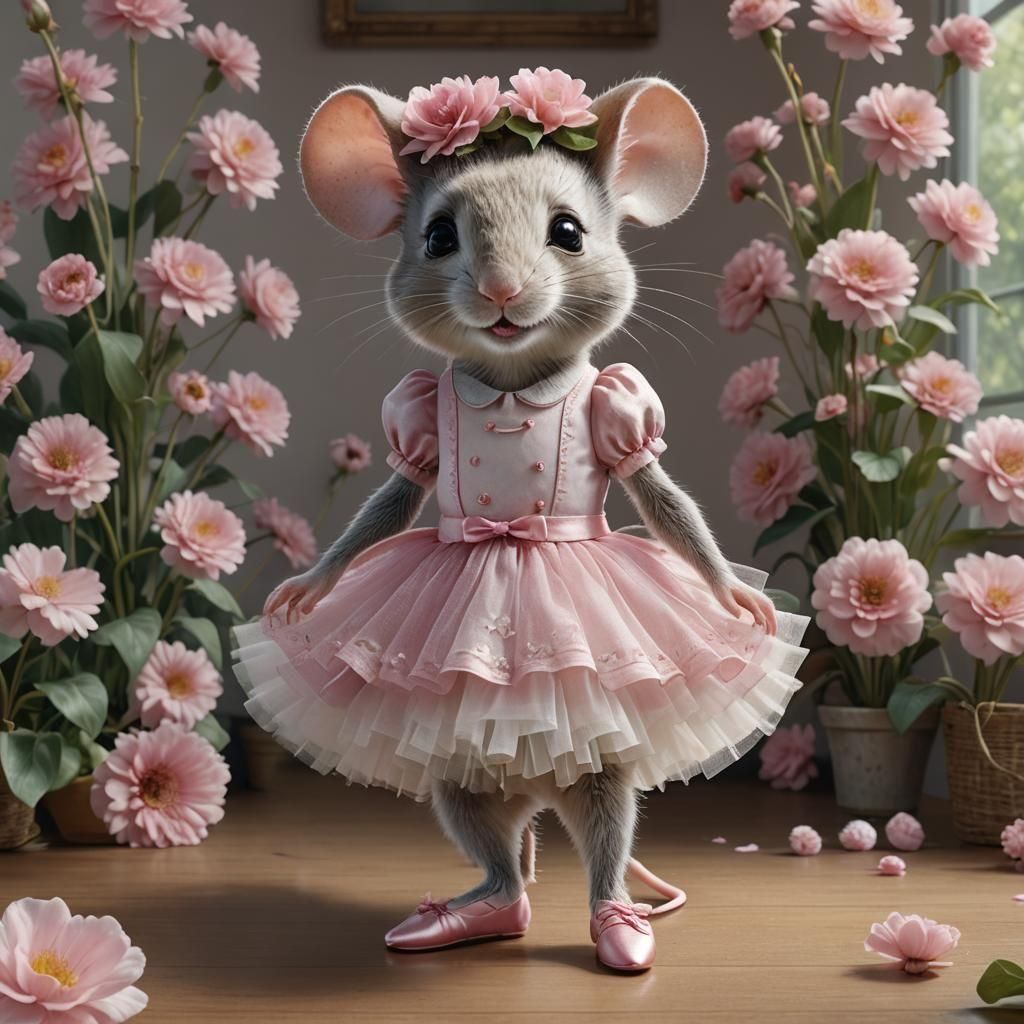 Mouse Ballerina in Ballet Studio, Hyperrealistic Fine Art