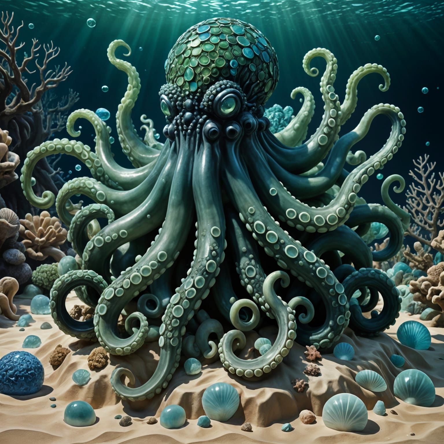 Majestic Sea Glass Kraken Sculpture on Seabed