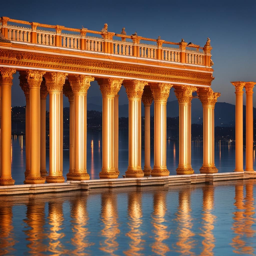 Orange-Gold Corinthian Columns of a Water Palace