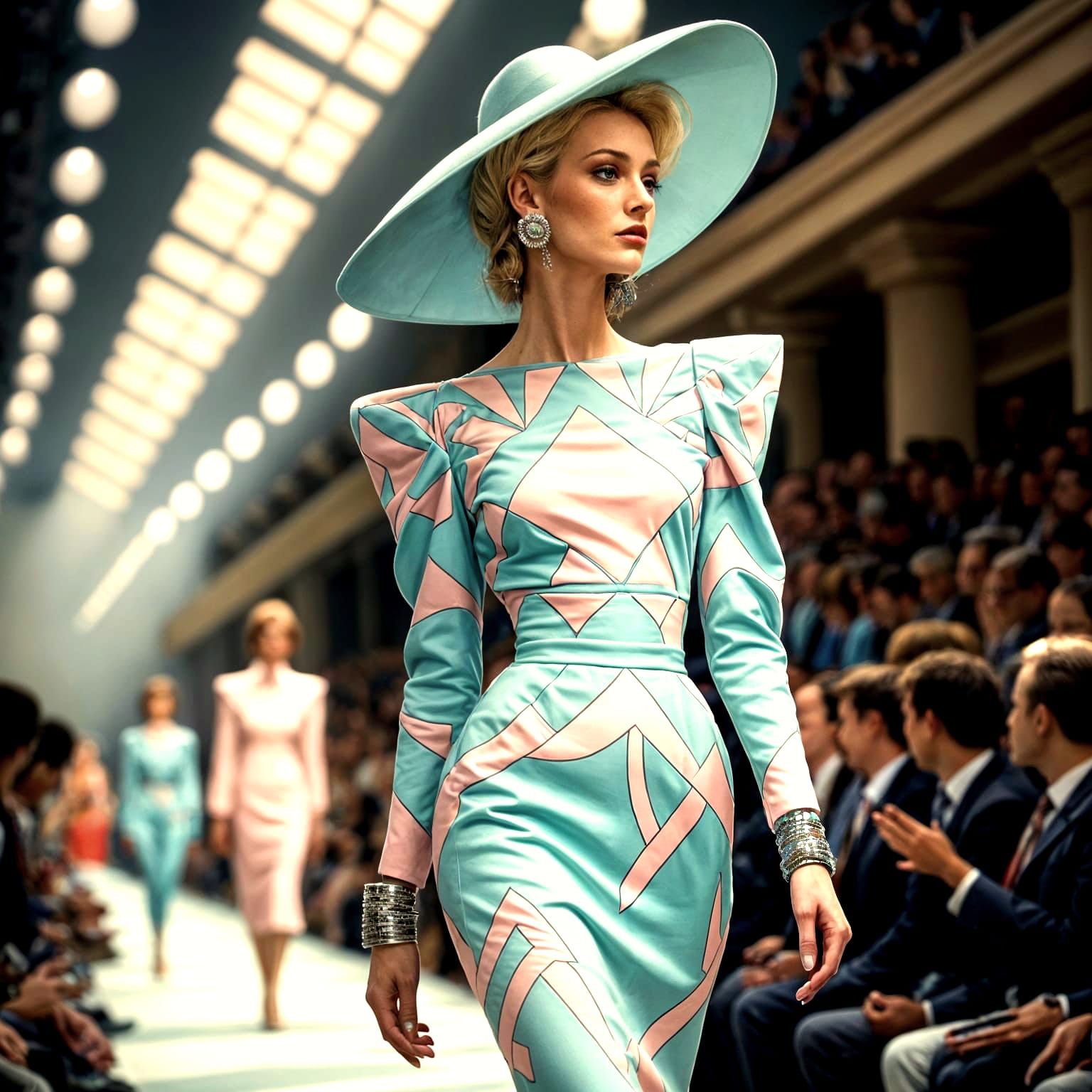 Glamorous Woman Struts Down Fashion Show Catwalk in 1980s Ev...