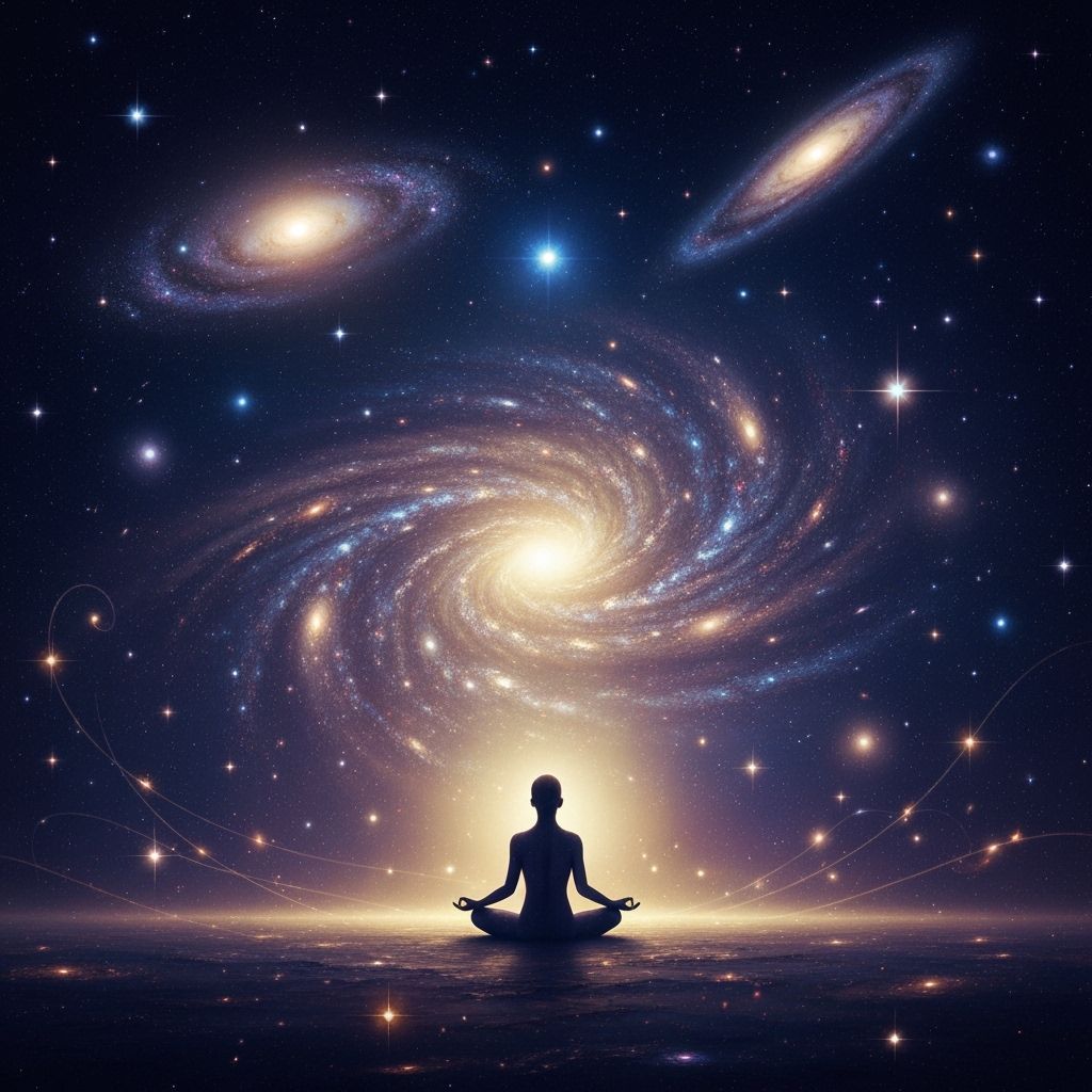 Cosmic Meditation: Ethereal Figure in Galactic Void