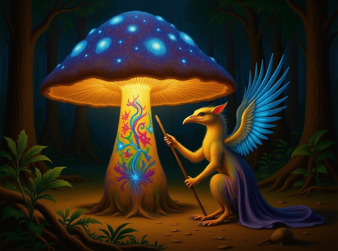 Stardust Phoenix Graffiti Art on Giant Mushroom Painting