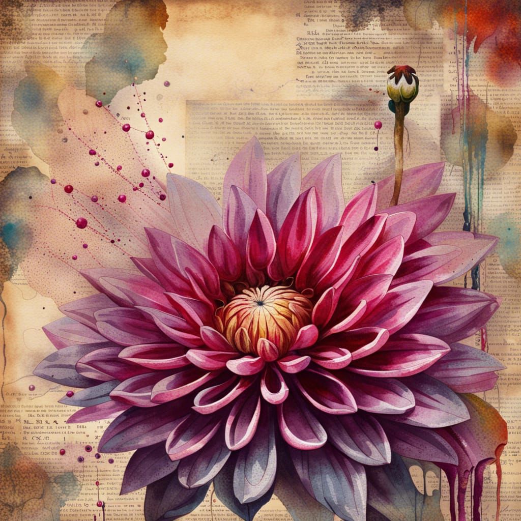 Dahlia Collage with Paint Droplets and Ink Splashes