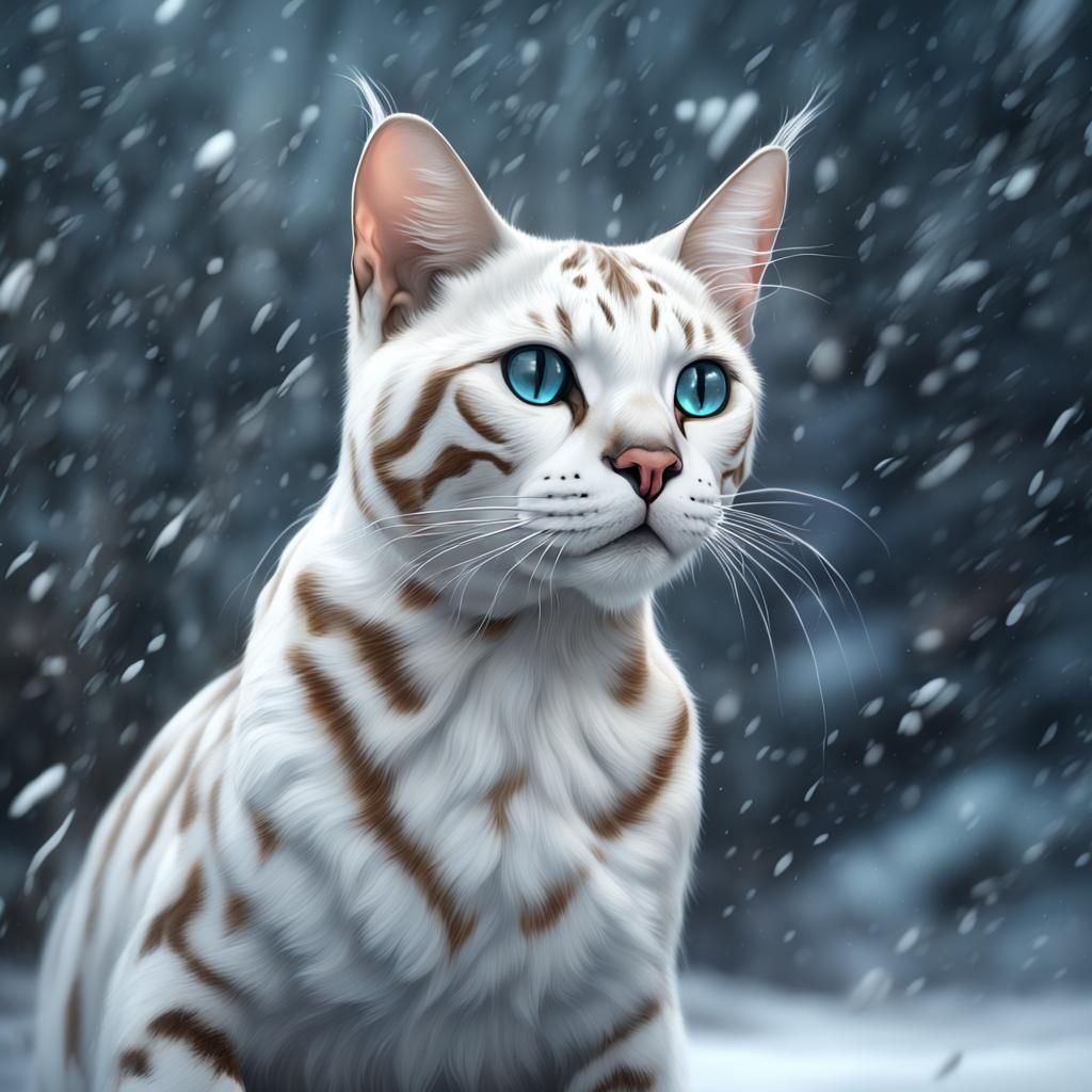 White Bengal Cat in Snowstorm: Detailed Matte Painting