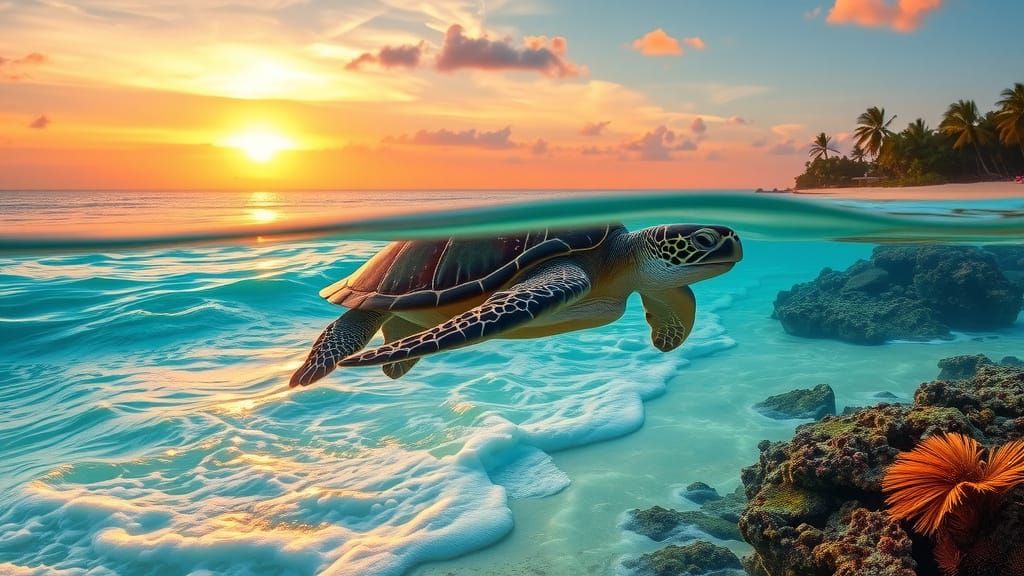 A Luminous Green Sea Turtle in Tropical Paradise
