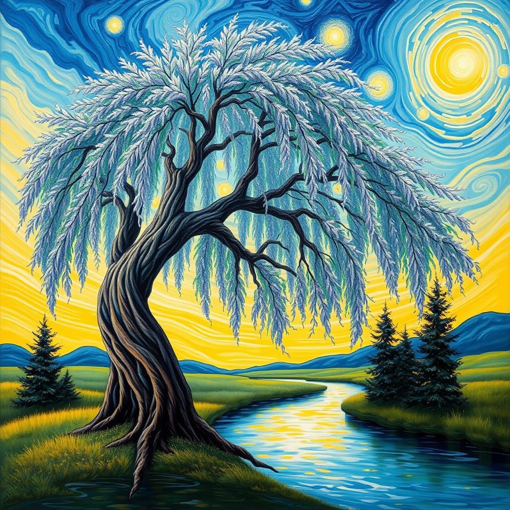 Surreal Willow Tree in Dreamlike Landscape