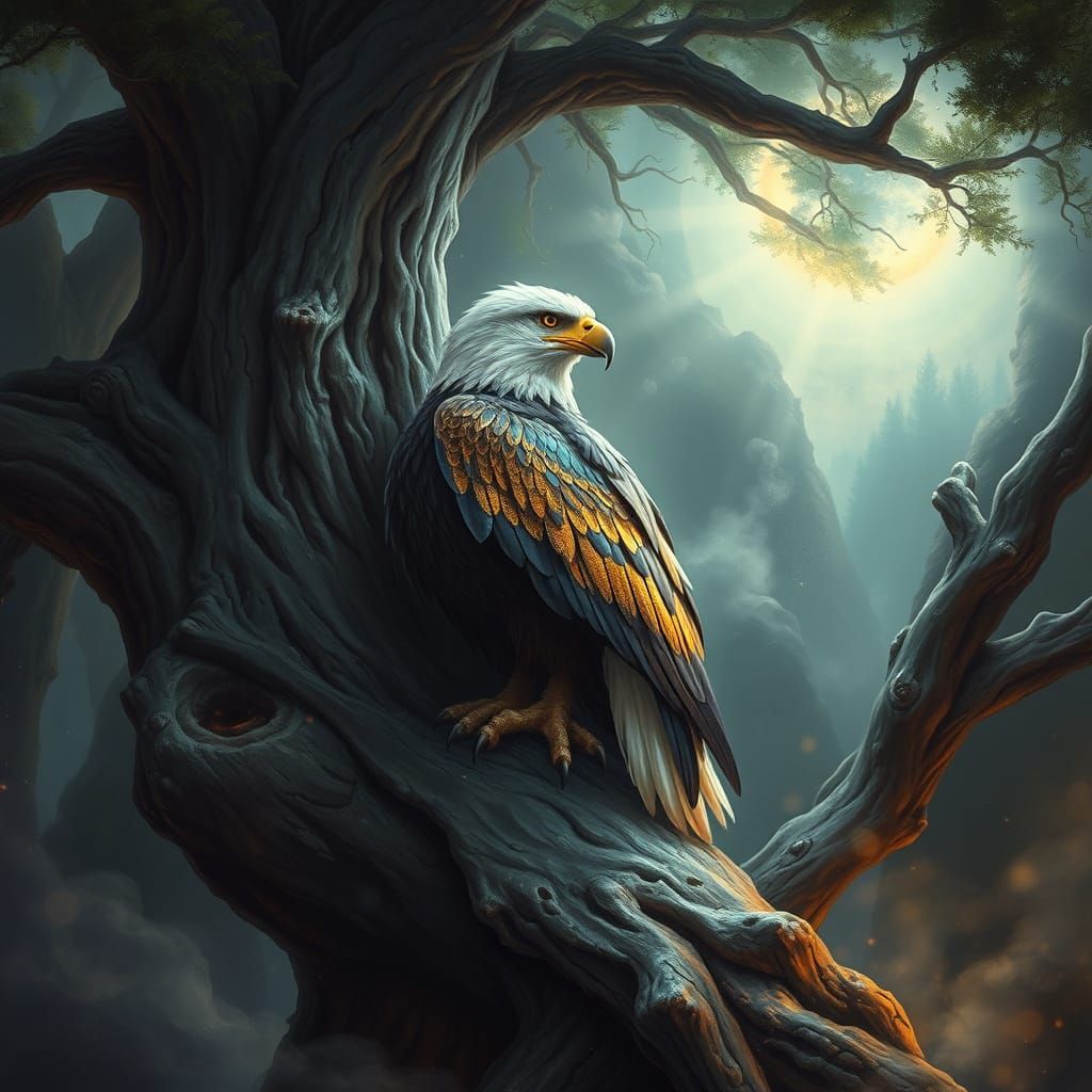 Cosmic Eagle in Mystical Forest, Dreamlike Scene