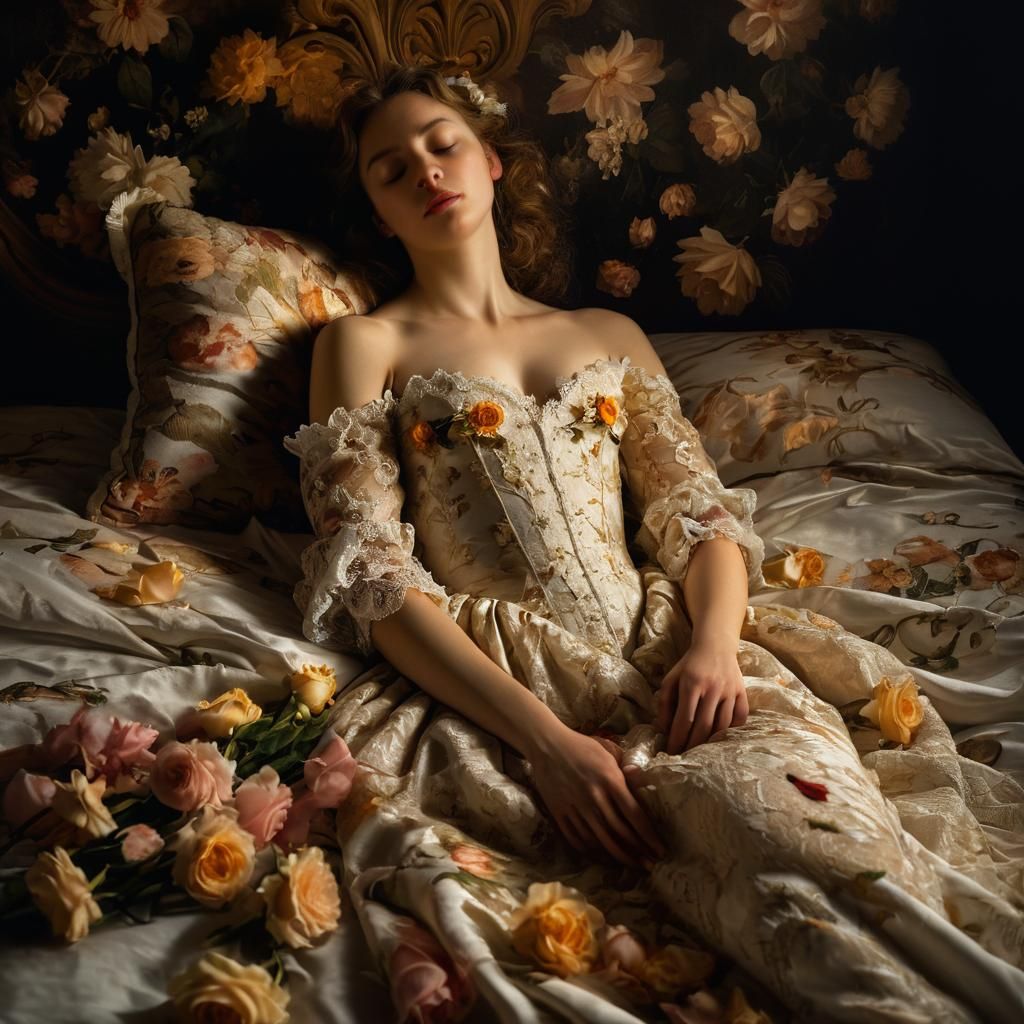 Baroque Portrait of Woman in Gown of Flowers