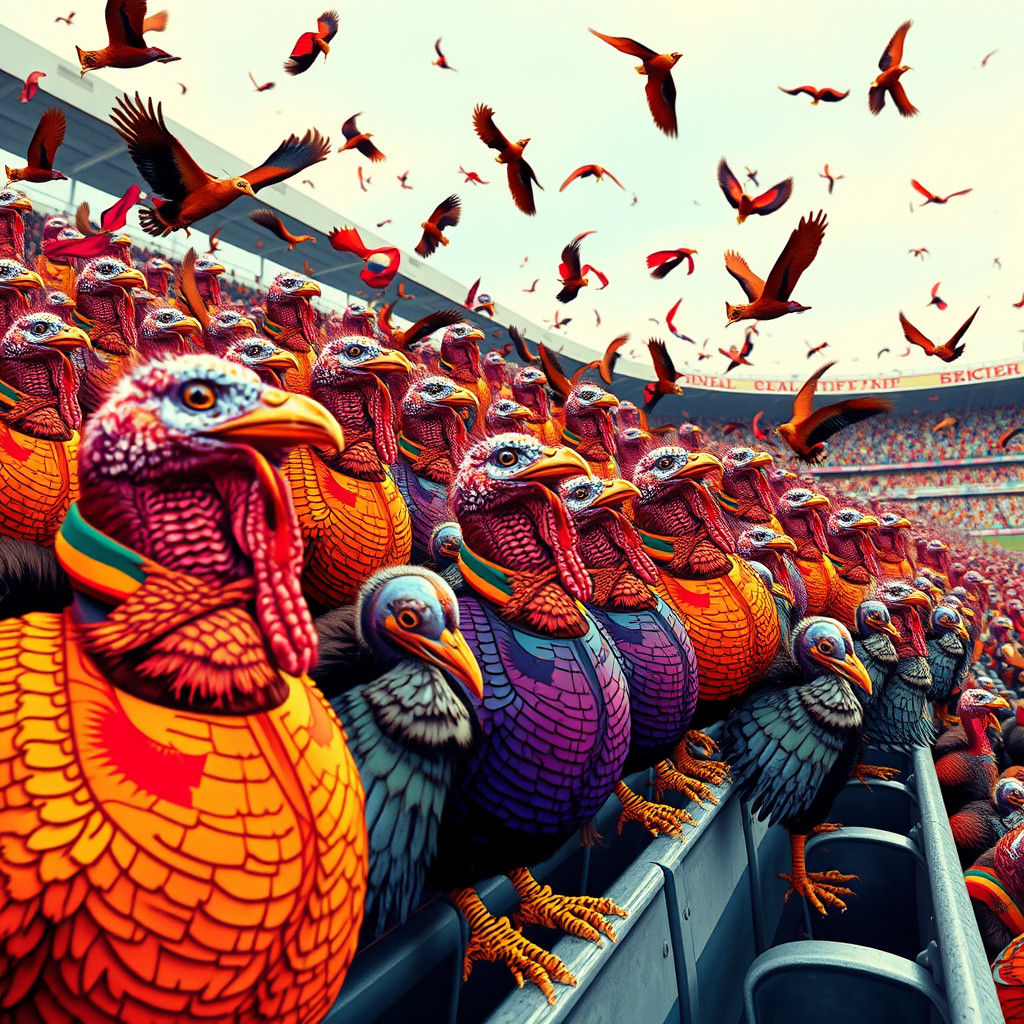 Turkeys Decked Out for Arsenal Game, Digital Art