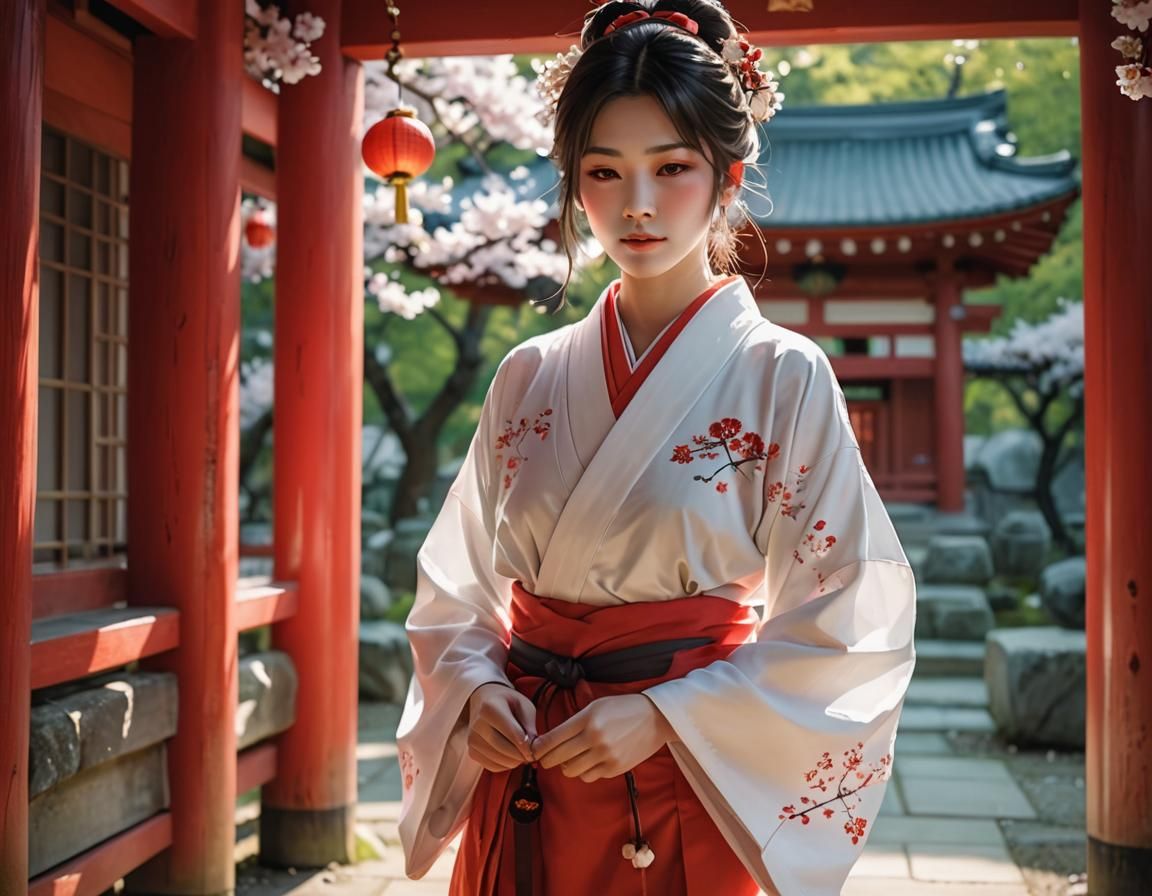 Surreal Shinto Maiden with Orb in Anime Style