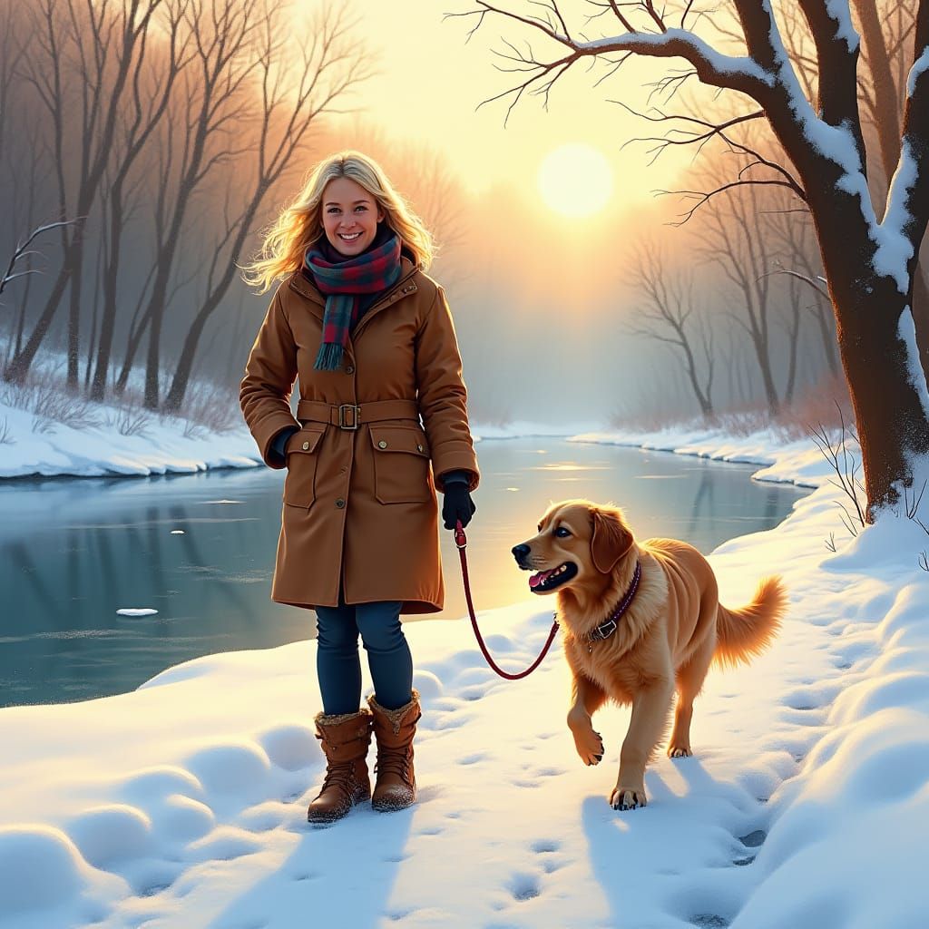 Golden Sunset Winter Scene with Golden Retriever