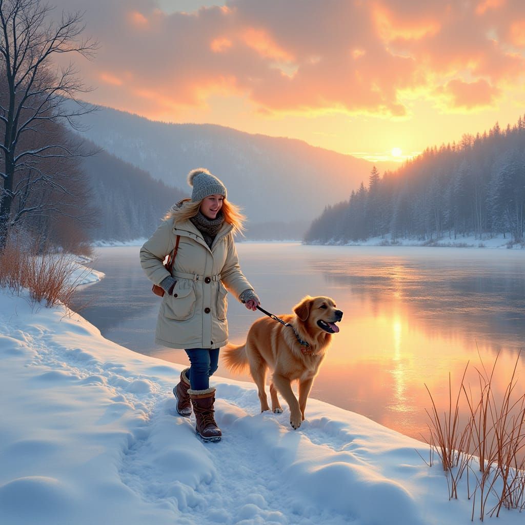 Warm Winter Scene with Golden Retriever and Serene Lake