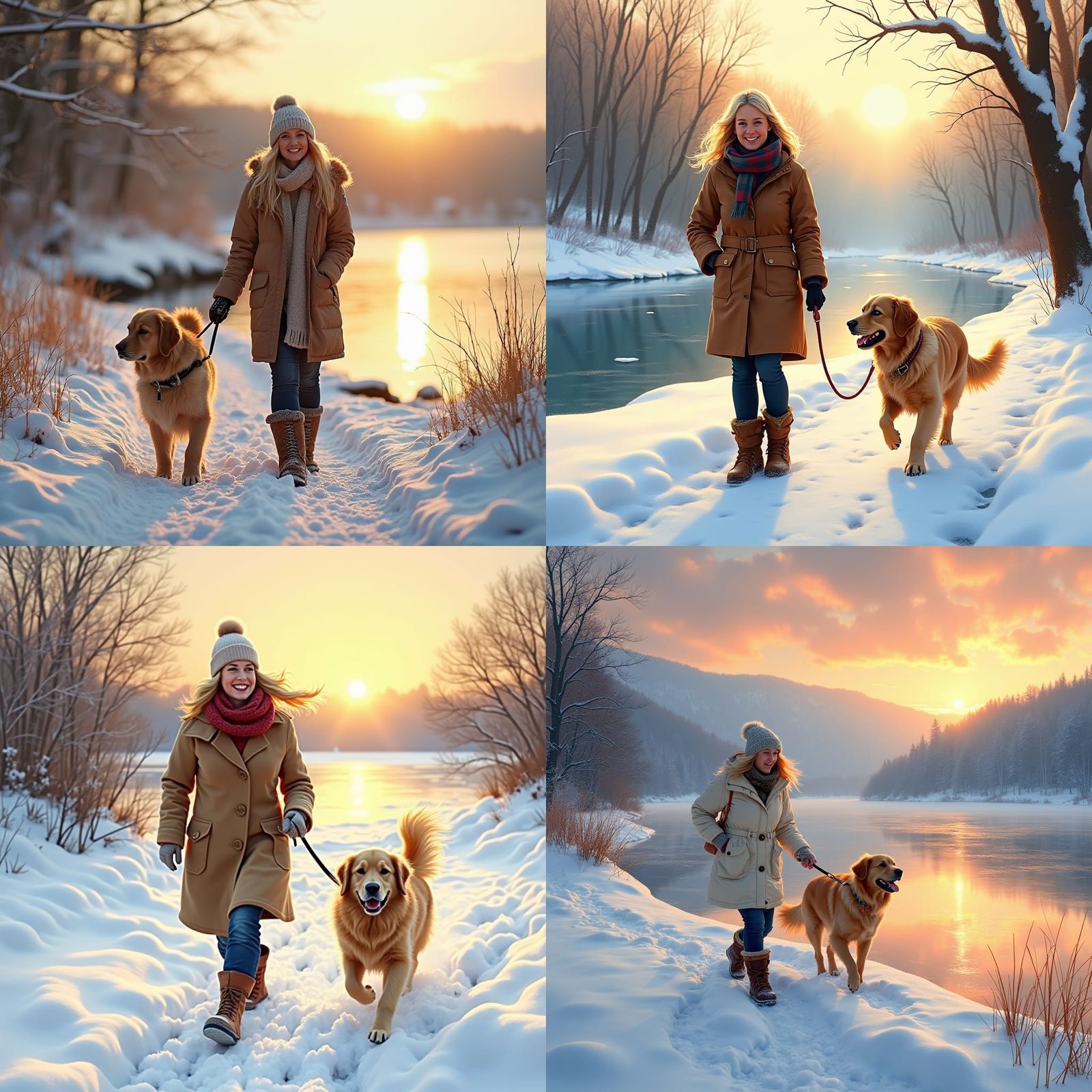 Woman and Golden Retriever at Snowy Sunset