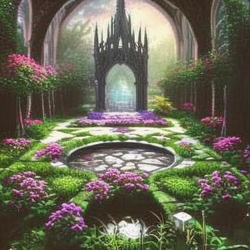 Ethereal gothic Garden with Natural oasis in the middle& gothic vibes& ethereal vibes& dark fantasy vibes& fantasy vibes...