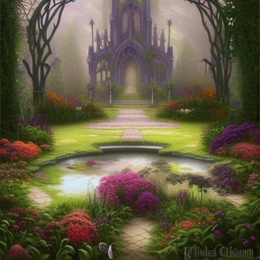 Ethereal gothic Garden with Natural oasis in the middle& gothic vibes& ethereal vibes& dark fantasy vibes& fantasy vibes...