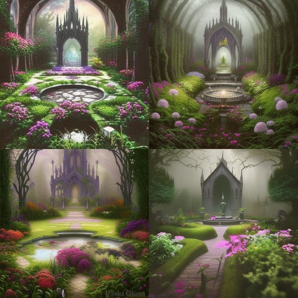 Ethereal gothic Garden with Natural oasis in the middle& gothic vibes& ethereal vibes& dark fantasy vibes& fantasy vibes...