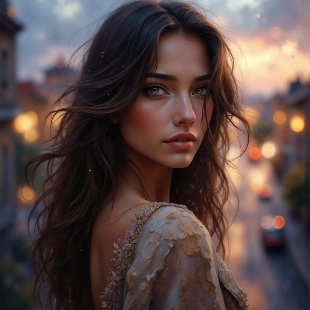 Woman at City Overlook at Twilight