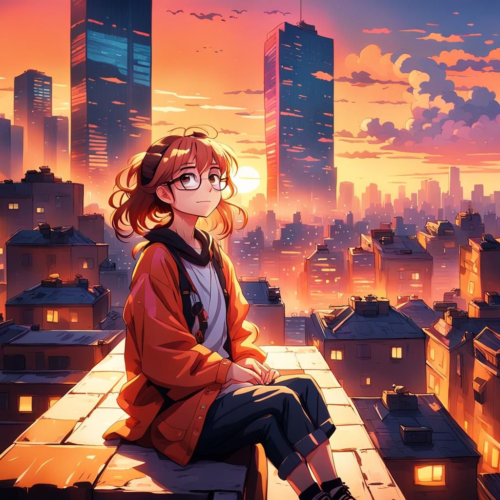 Anime Girl on Rooftop at Sunset in Cel-Shaded Style