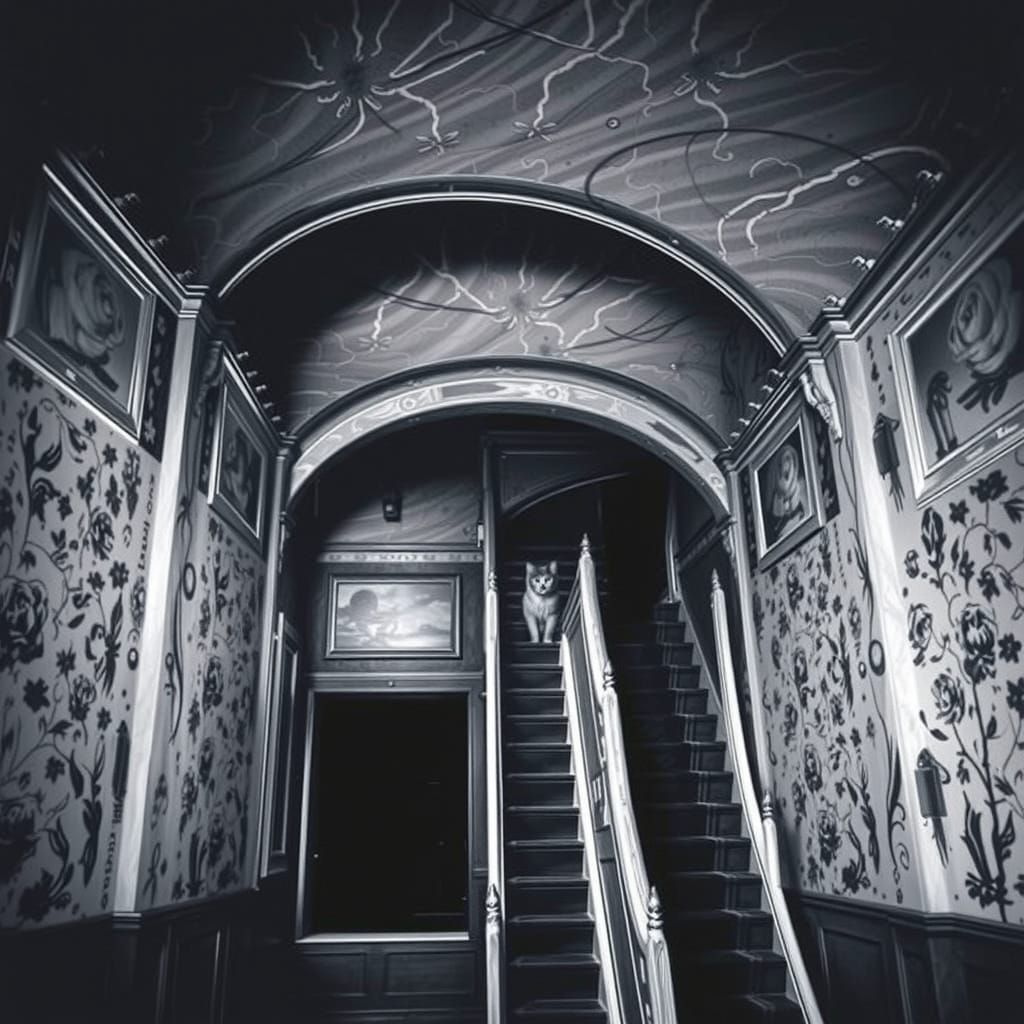 Tortie Cat in Haunted Hall, Film Noir Style