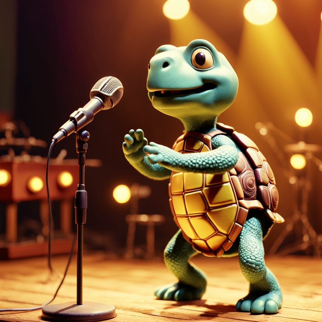 Singing Turtle Performs On Stage in Claymation Style
