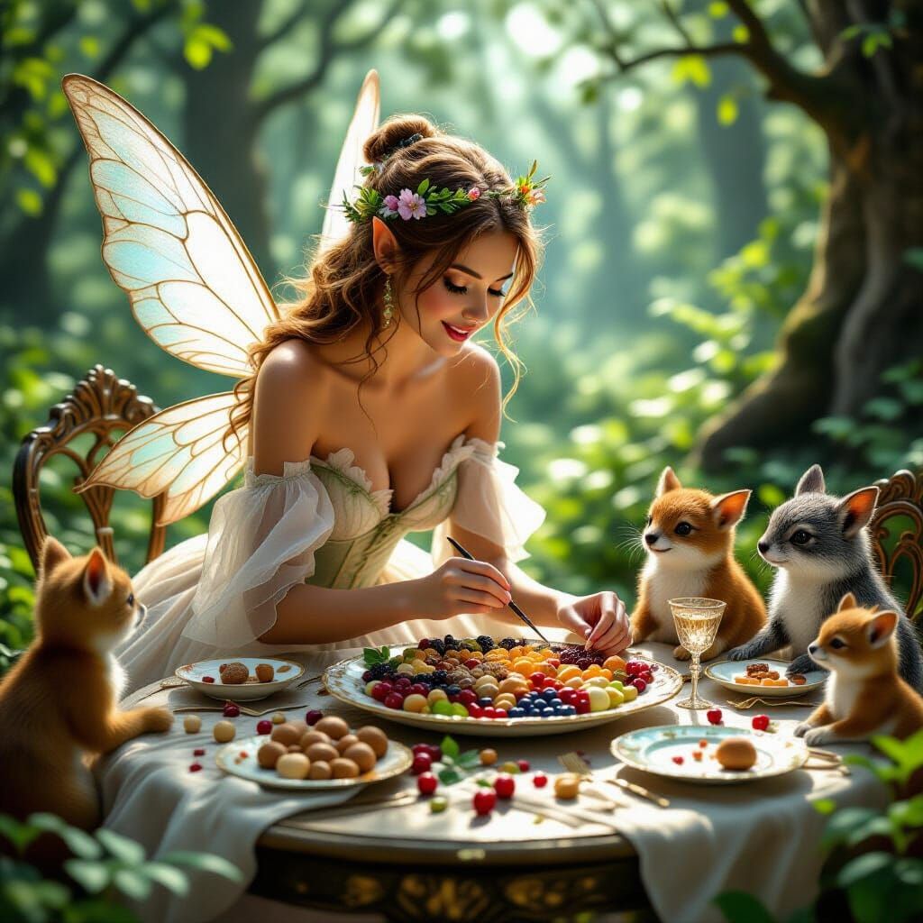 Fairy painting full feast of nuts & berries for her friends