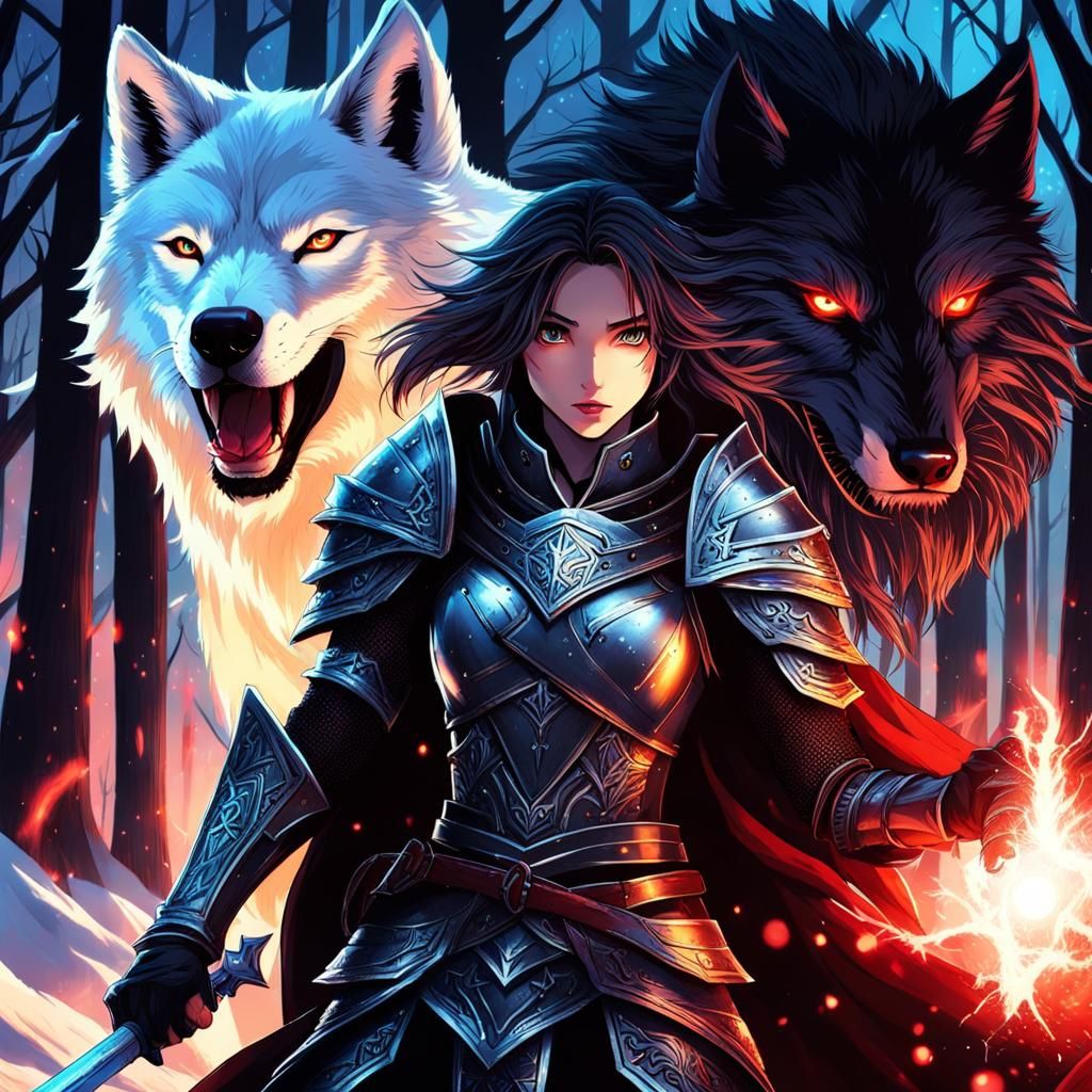 Armored Anime Knight Battles Dark Magic Wolf