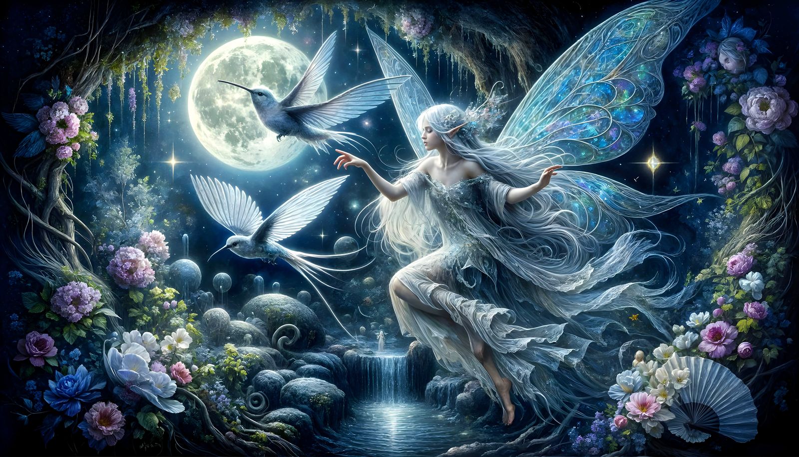 Ethereal Sylph-Fairy Rides Hummingbird in Moonlit Grotto