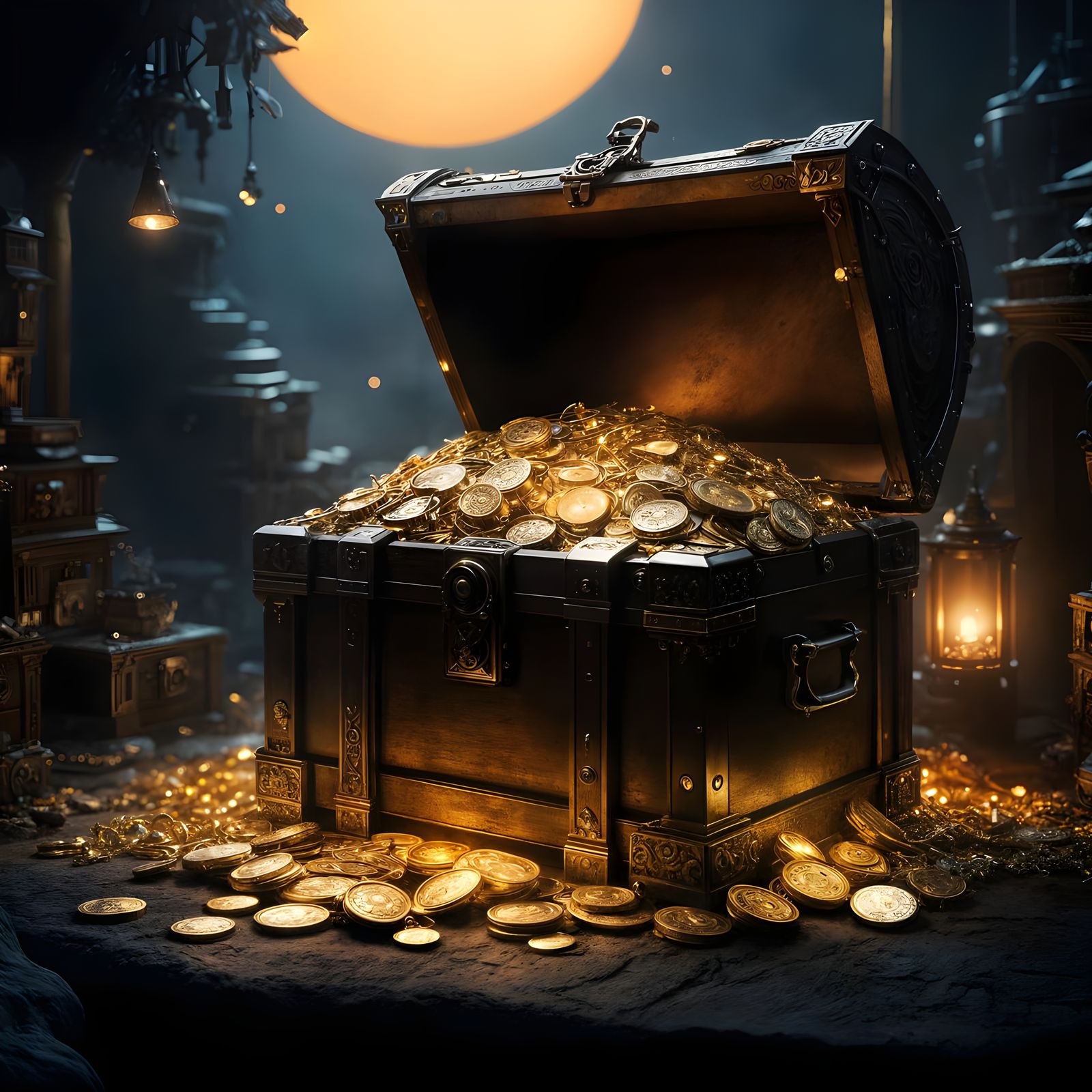 Epic Treasure Chest with Glittering Jewels and Gold in Cinem...