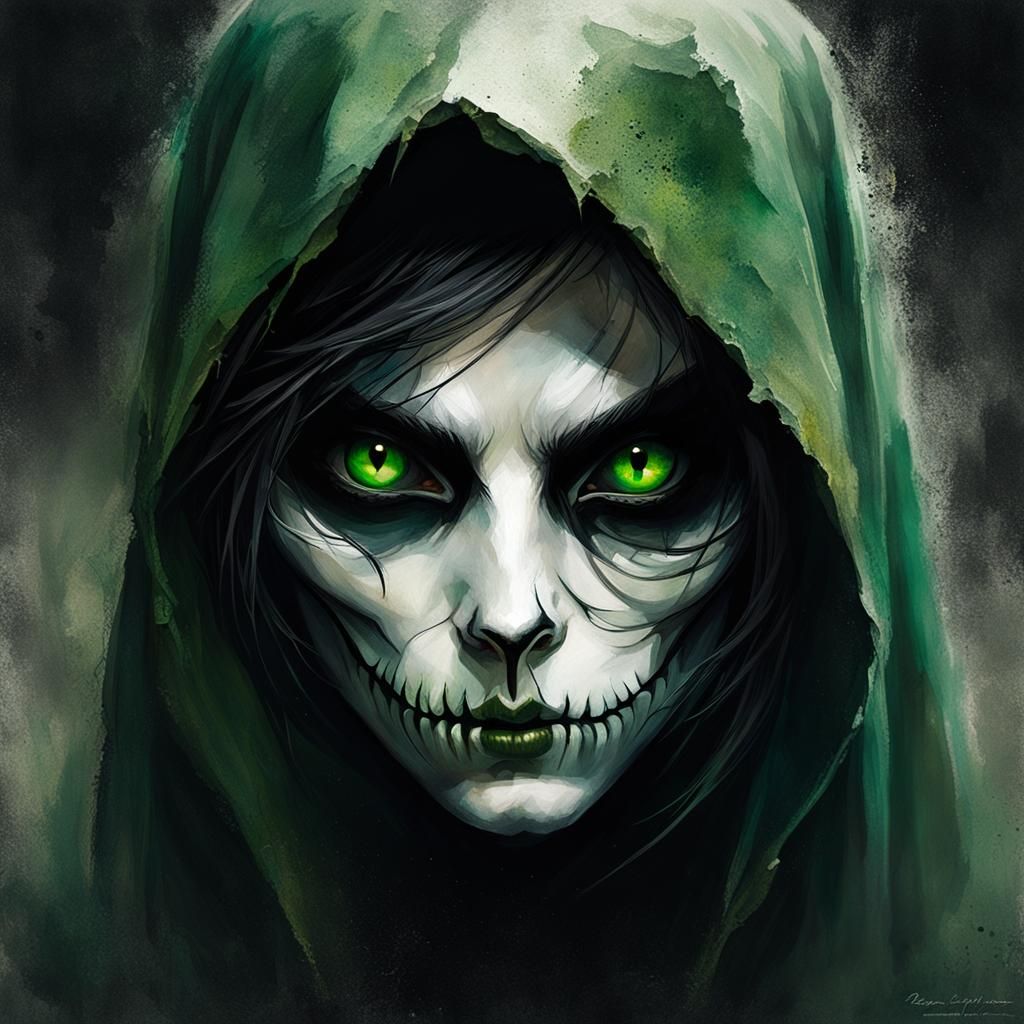 Female Assassin with Green Eyes in Dark Watercolor Portrait