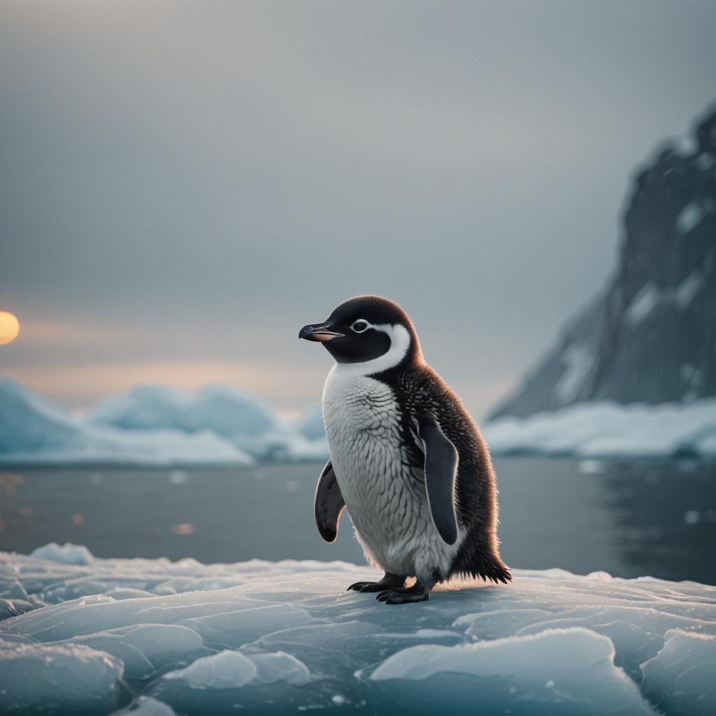 Baby Penguin on Iceberg in Golden Hour Light